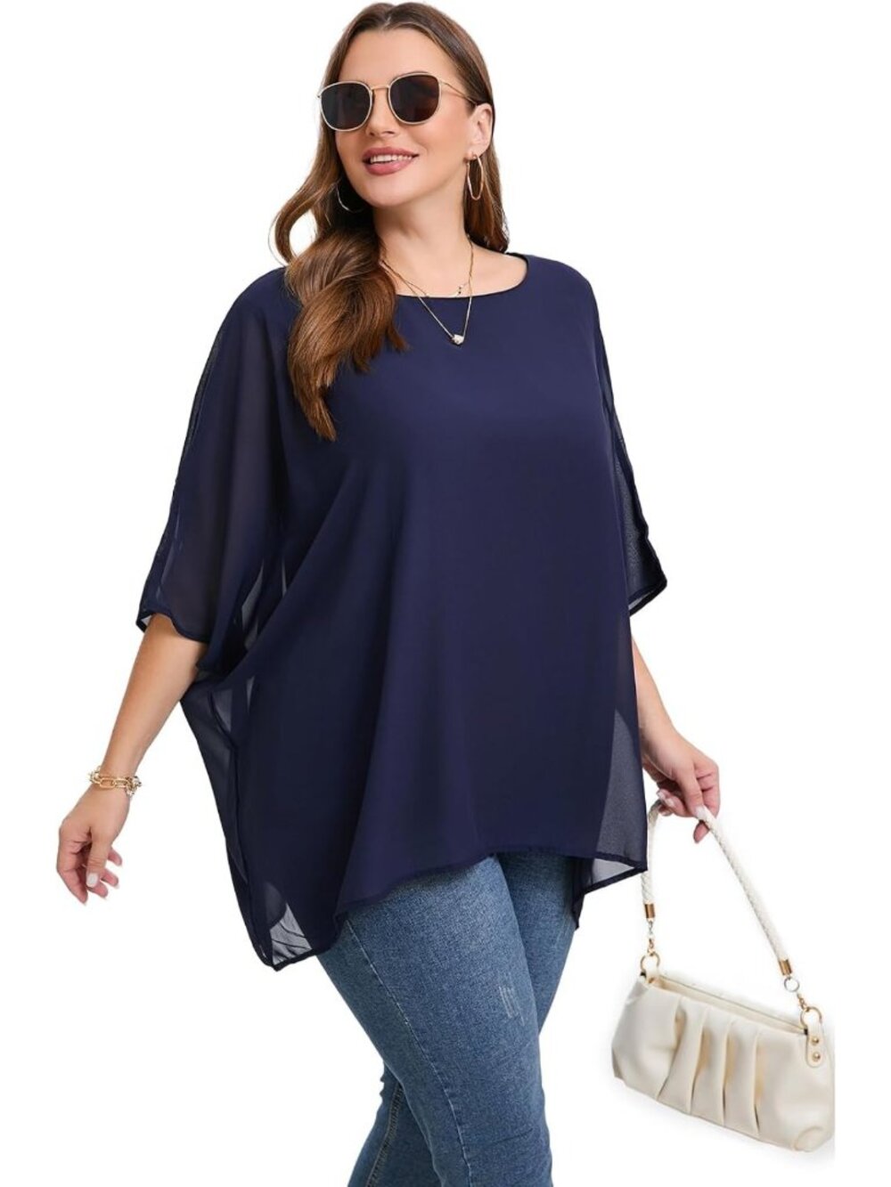 Elegant Plus Size 3/4 Batwing Sleeve Summer Cape Blouse - Oversized Casual Tunic